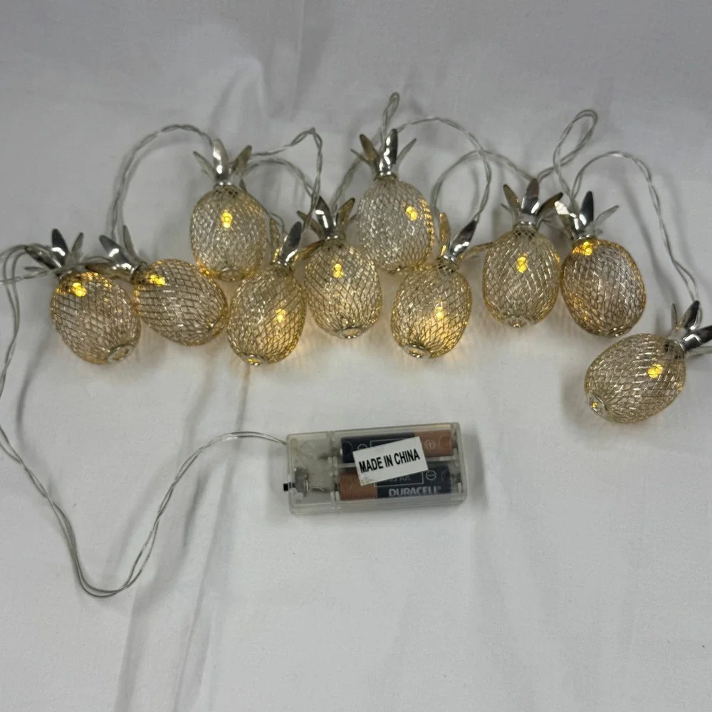 Gold Metal Mesh Pineapple String Lights Battery Operated LED Fairy Lights 10ct